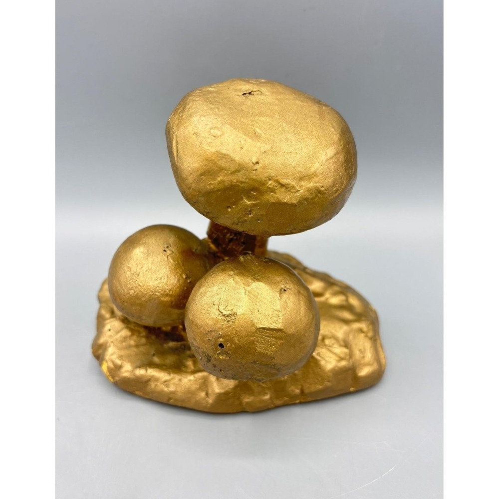 Vintage Gold Mushroom Trio Sculpture Handcrafted Boho Decor Metallic 4‎ Inch